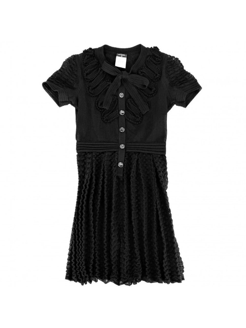Chanel Dress Lace Bowtie Short Sleeve 38 Black Cotton Polyester Spandex Spring